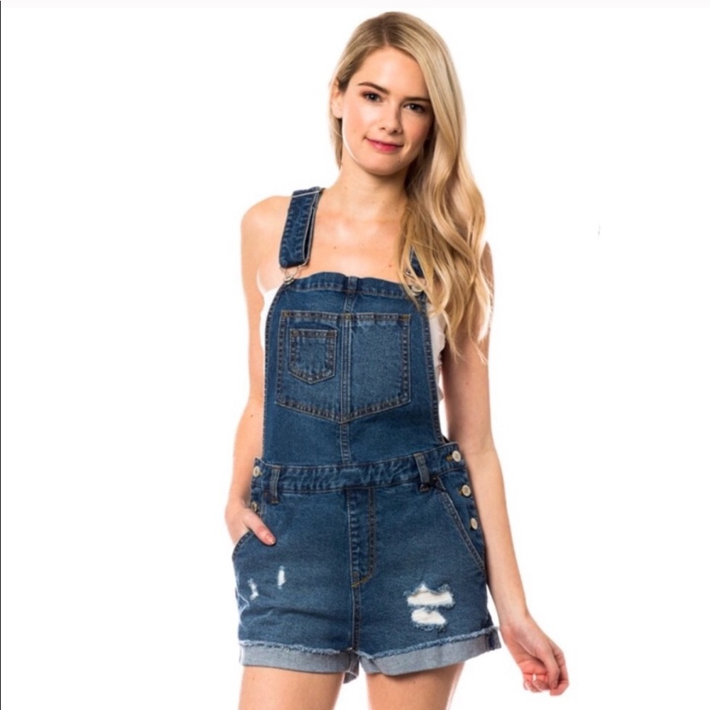 Cute distressed denim cut-off overalls
